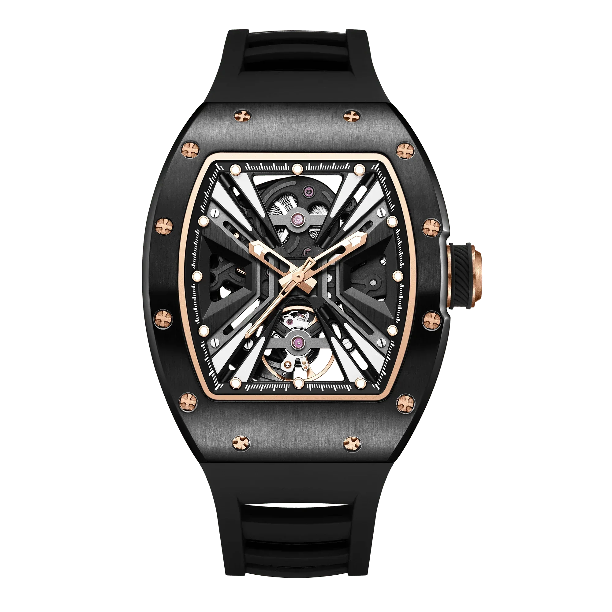 Luxury motorsport-inspired skeleton watch with black tonneau case, gold accents, and rubber strap