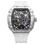 Skeleton dial automatic watch with transparent case, white strap, motorsport-inspired design