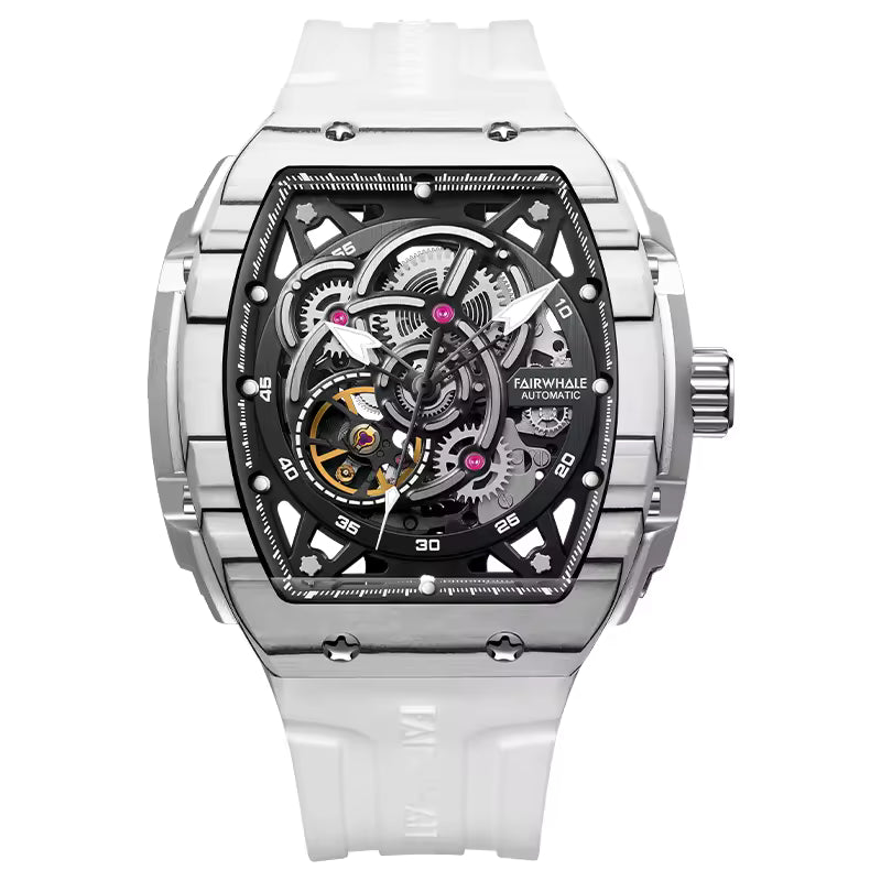 Skeleton dial automatic watch with transparent case, white strap, motorsport-inspired design