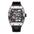 Skeleton dial racing-inspired luxury watch with tonneau case, rubber strap, exposed gears