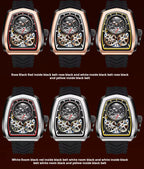 Luxury sport-inspired watches with visible tourbillon movements, racing chronograph dials, and bold color accents in rose gold and silver cases on black rubber straps.