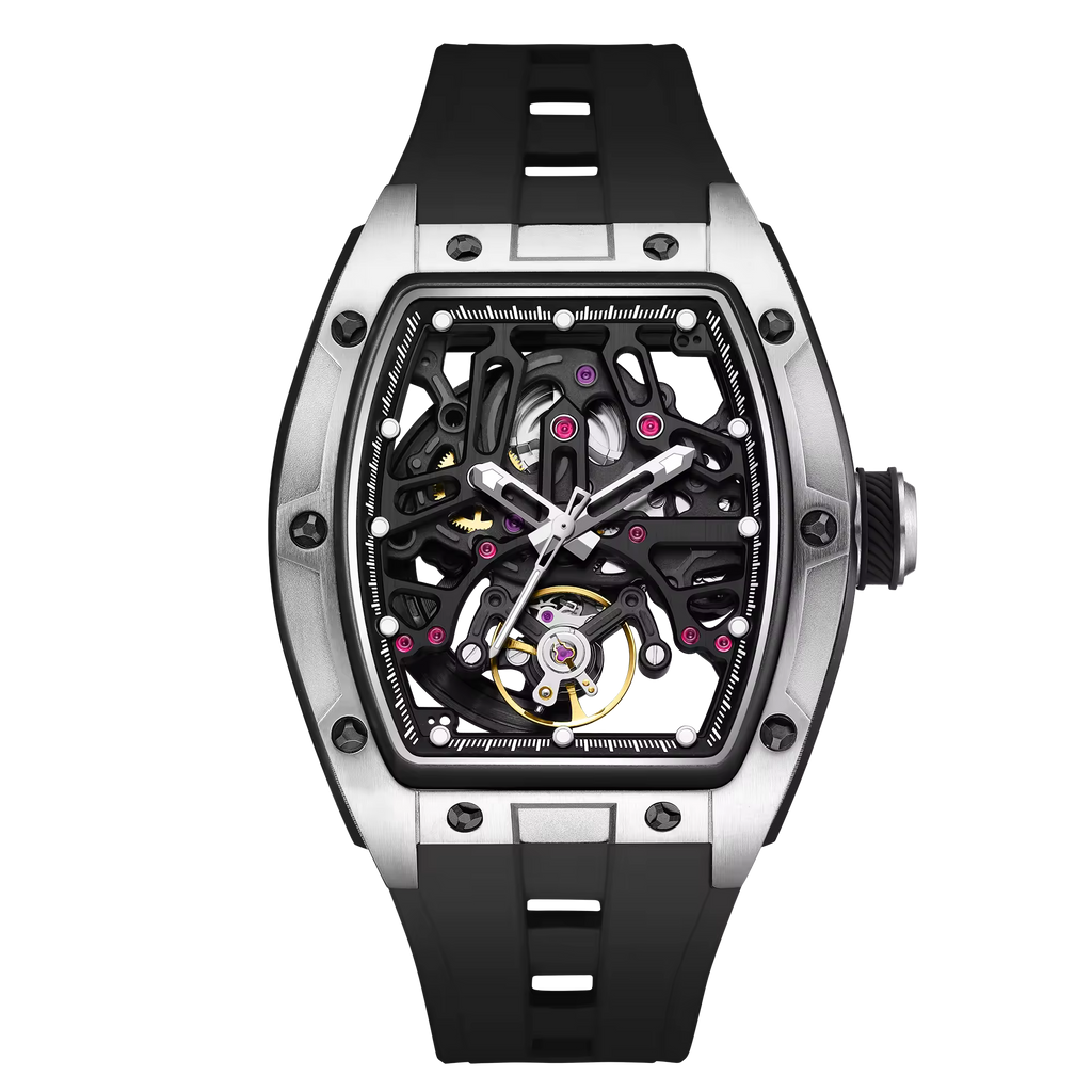Luxury racing-inspired tonneau watch with skeleton dial, stainless case, black rubber strap