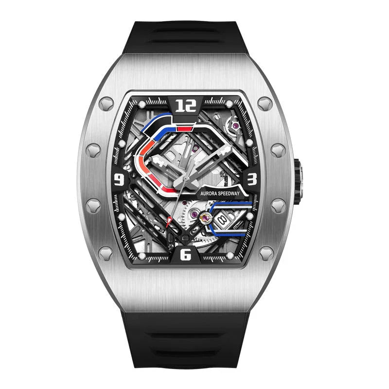 Luxury motorsport-inspired skeleton watch with brushed tonneau case, exposed mechanics, bold dial details, and sporty black strap