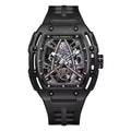 Motorsport-inspired luxury watch with black tonneau case, skeleton dial, and sporty rubber strap