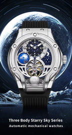 Luxury starry sky automatic mechanical watch with openwork dial, moonphase, planets, and steel case