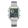 Motorsport-inspired rectangular analog-digital wristwatch with silver metal band and multi-function dial.