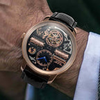 Luxury skeleton dial watch with rose gold case and black leather strap, inspired by motorsport