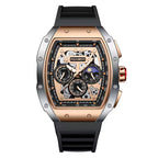 Luxury motorsport-inspired watch with rose gold case, skeleton dial, chronograph, and black strap