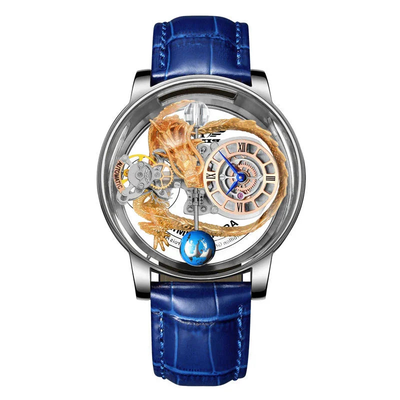 Luxury sport-inspired watch with gold dragon detail, skeleton dial and blue leather strap