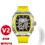 Yellow motorsport-inspired automatic watch with skeleton dial and bold sport luxury design