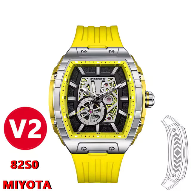 Yellow motorsport-inspired automatic watch with skeleton dial and bold sport luxury design