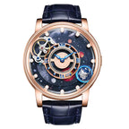 Luxury sport-inspired watch with galaxy dial, rose gold case, and blue leather strap