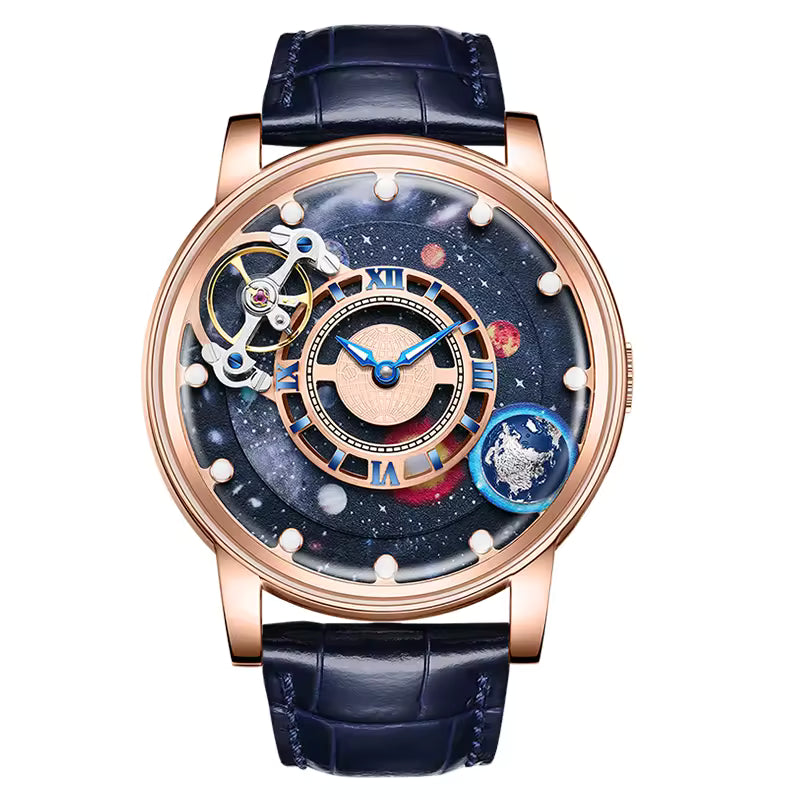 Luxury sport-inspired watch with galaxy dial, rose gold case, and blue leather strap