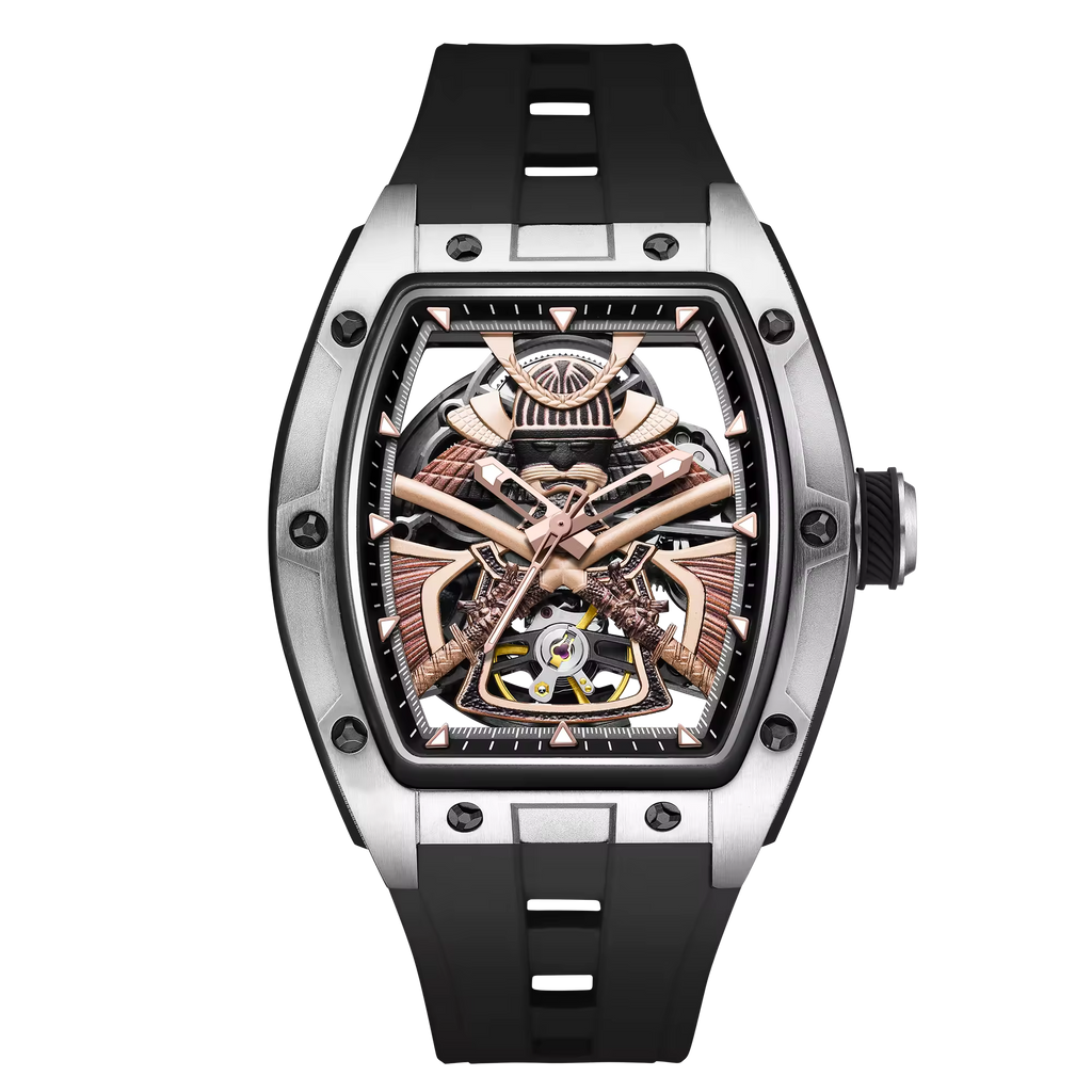 Motorsport-inspired skeleton luxury watch with tonneau case, black strap, and exposed movement