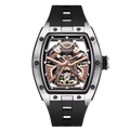 Motorsport-inspired skeleton luxury watch with tonneau case, black strap, and exposed movement