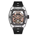 Motorsport-inspired skeleton luxury watch with tonneau case, black strap, and exposed movement