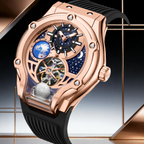 Luxury rose gold motorsport-inspired watch with starry dial, world time, and black strap