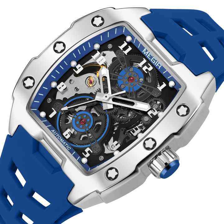 Motorsport-inspired sport-luxury watch with skeleton dial, blue accents, and bold design