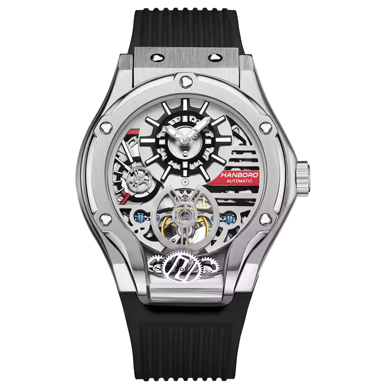 Luxury motorsport-inspired skeleton automatic watch with bold dial, exposed gears, and black strap