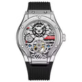 Luxury motorsport-inspired skeleton automatic watch with bold dial, exposed gears, and black strap