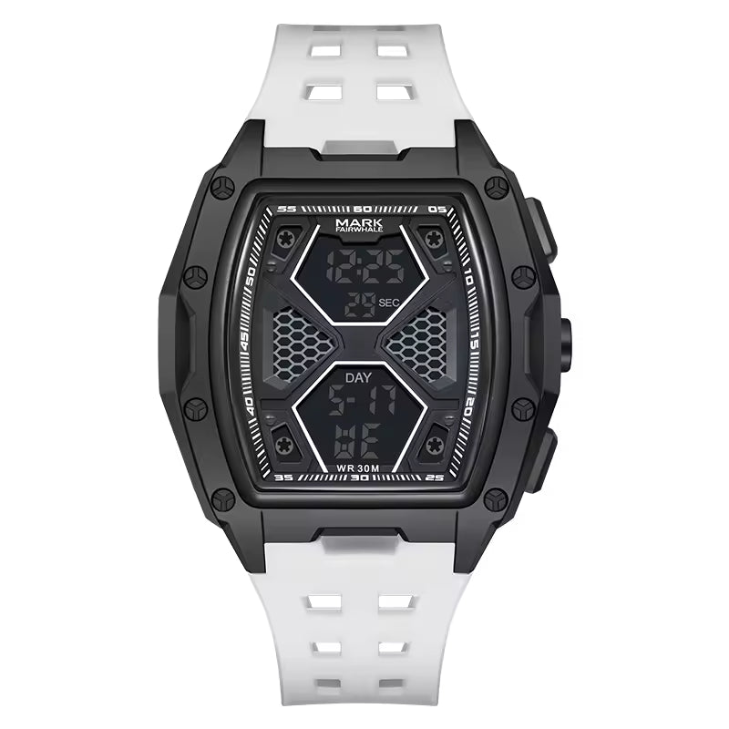 Racing-inspired black digital watch with hexagonal dial and white perforated strap