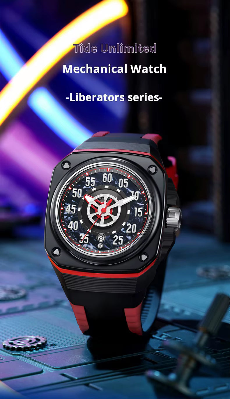 Luxury mechanical watch with bold sport design, black and red accents, inspired by motorsport performance
