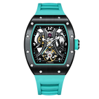 Motorsport-inspired skeleton automatic watch with aqua strap, tonneau case, and visible gears.