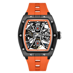 Luxury skeleton watch with black tonneau case, visible gears, and orange rubber strap