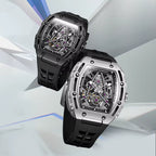 Luxury racing-inspired skeleton watches with geometric cases, bold black straps, and sporty details