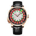 Luxury roulette-inspired watch with rose gold case, black leather strap, sporty dial design
