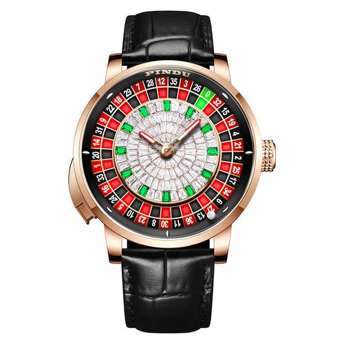 Luxury roulette-inspired watch with rose gold case, black leather strap, sporty dial design