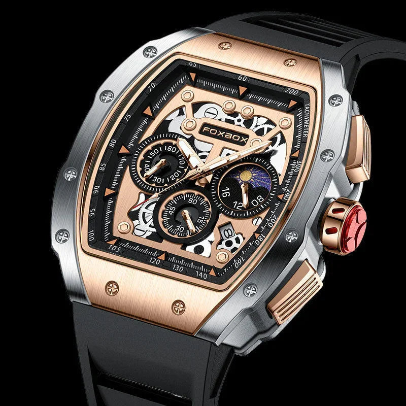 Luxury motorsport-inspired watch with skeleton dial, rose gold accents, tachymeter, and sporty black strap