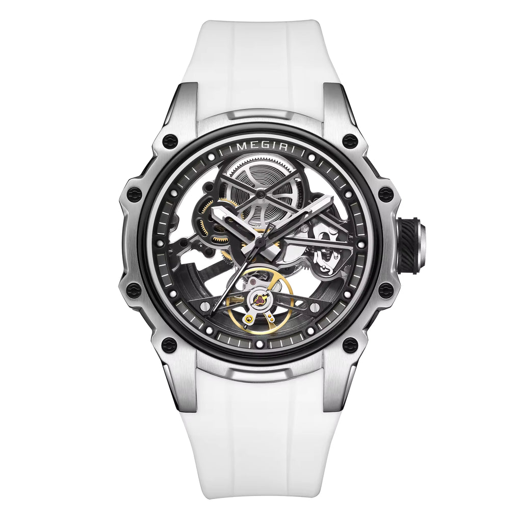 Skeleton dial motorsport-inspired luxury watch with white strap, bold sport-luxury design