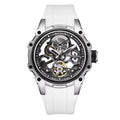 Skeleton dial motorsport-inspired luxury watch with white strap, bold sport-luxury design