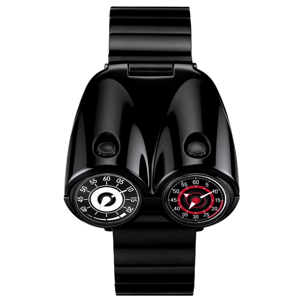 Motorsport-inspired black luxury watch with dual dials and bold, futuristic design