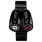 Motorsport-inspired black luxury watch with dual dials and bold, futuristic design