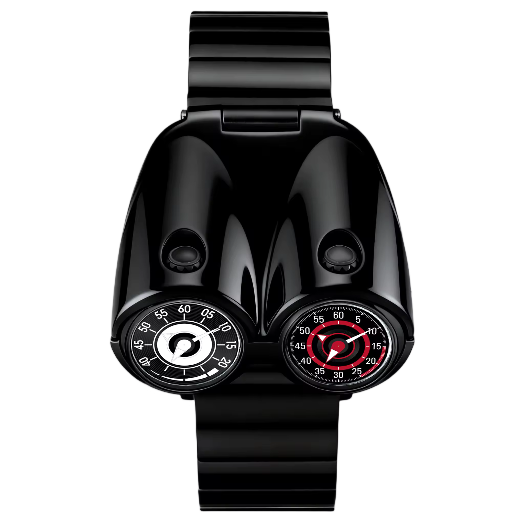 Motorsport-inspired black luxury watch with dual dials and bold, futuristic design