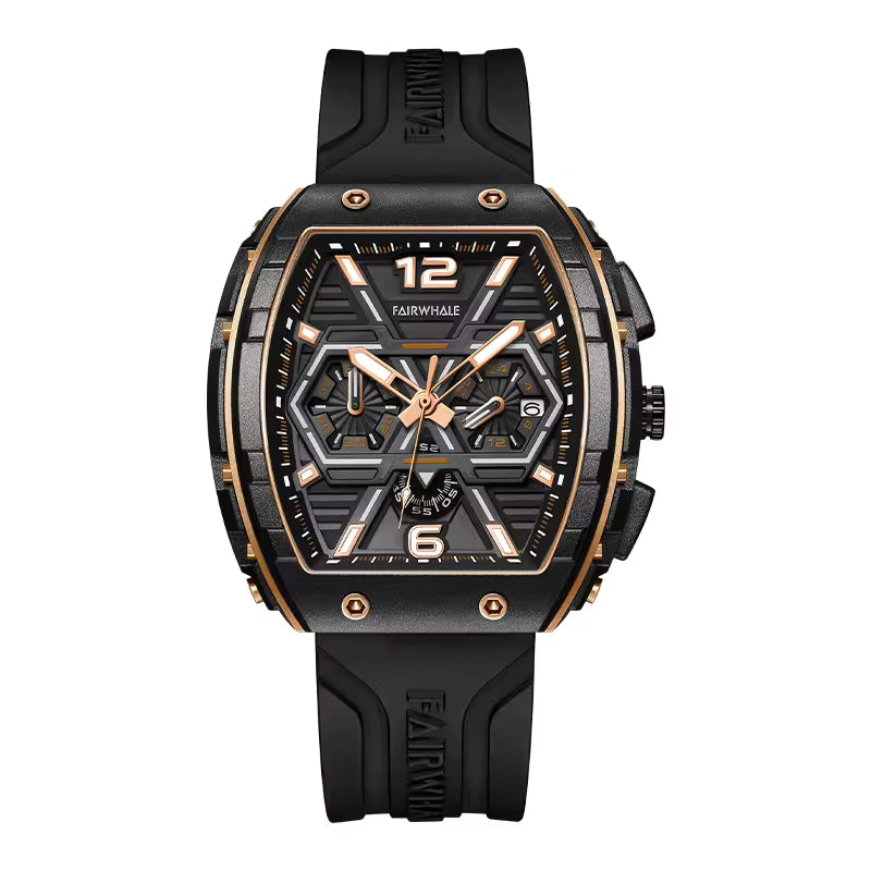 Luxury motorsport-inspired black and gold tonneau watch with skeleton dial and rubber strap
