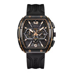 Luxury motorsport-inspired black and gold tonneau watch with skeleton dial and rubber strap