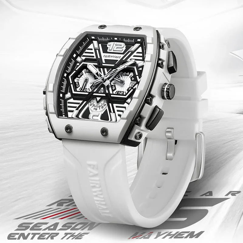 White racing-inspired sports watch with bold geometric dial and chronograph features