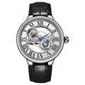 Skeleton dial sport-luxury watch with Roman numerals, silver case, and black leather strap