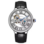 Skeleton dial sport-luxury watch with Roman numerals, silver case, and black leather strap