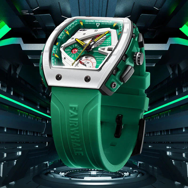 Luxury motorsport-inspired green chronograph watch with bold geometric dial and green strap