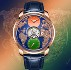 Luxury sport-inspired watch with world map design, open-heart dial, and blue leather strap