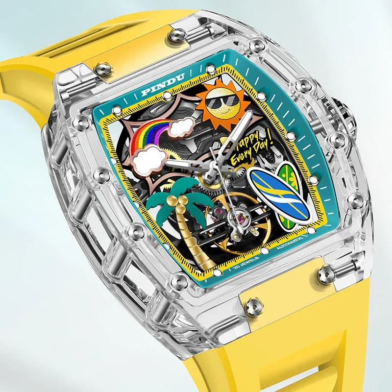 Luxury sport-inspired watch with clear case, bold yellow strap, and playful tropical dial elements