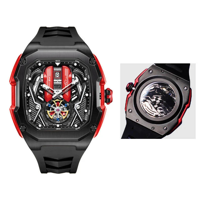 Motorsport-inspired luxury watch with skeleton dial, red accents, and black rubber strap