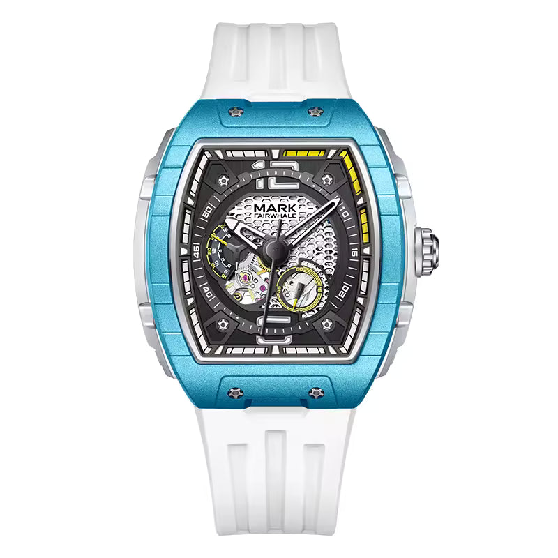 Motorsport-inspired luxury watch with blue tonneau case, skeleton dial, white rubber strap