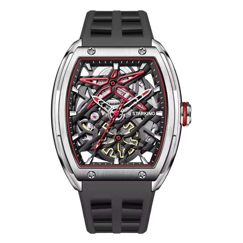 Motorsport-inspired tonneau skeleton watch with exposed gears, red accents, and black rubber strap