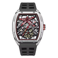 Motorsport-inspired tonneau skeleton watch with exposed gears, red accents, and black rubber strap