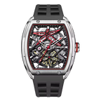 Motorsport-inspired tonneau skeleton watch with exposed gears, red accents, and black rubber strap